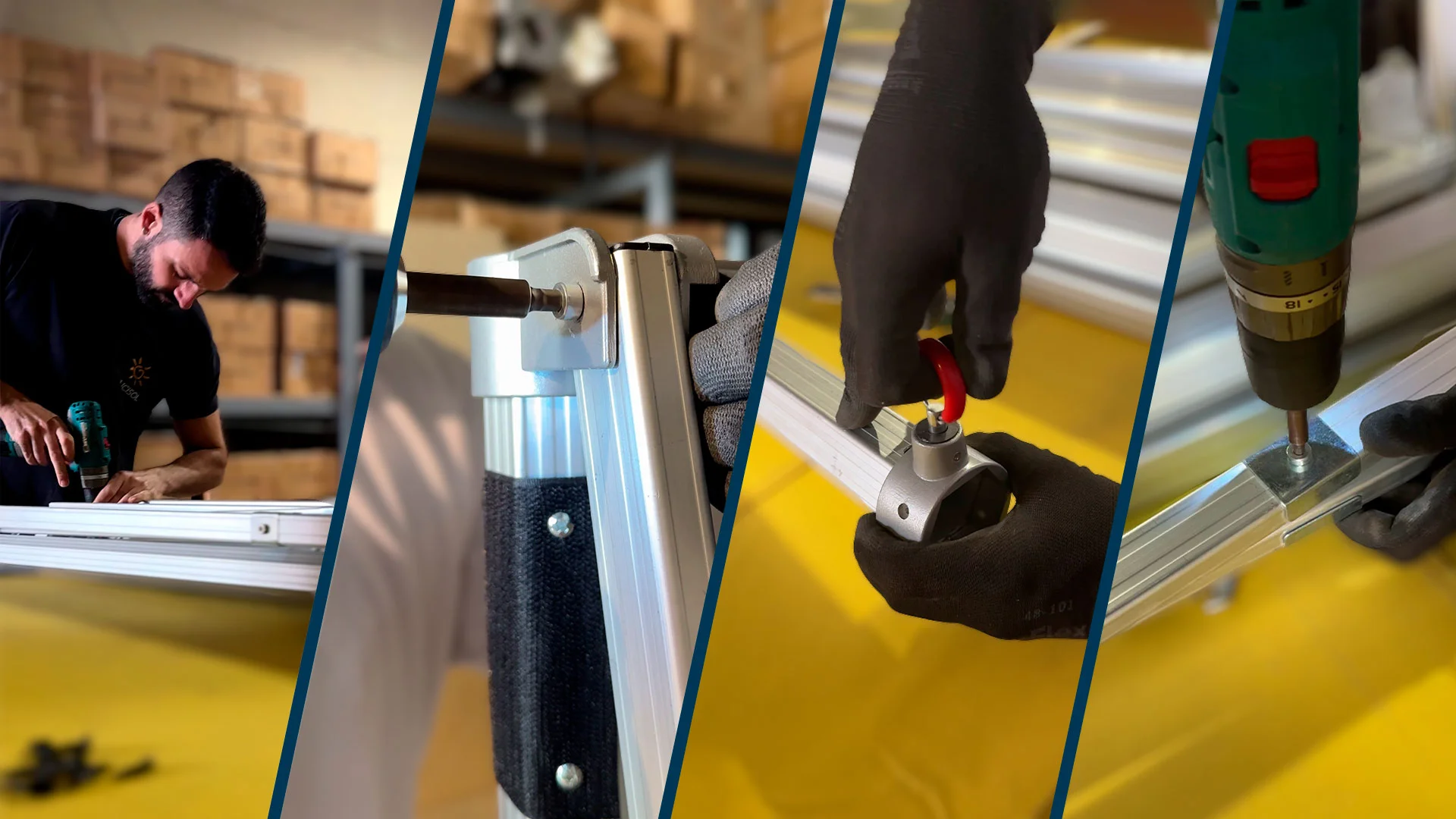 Detalle de estructura de aluminio de carpa plegable - conexiones y perfil hexagonal de 50mm